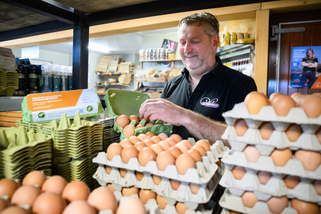 Man die de eierdoos van pvo vult met eieren