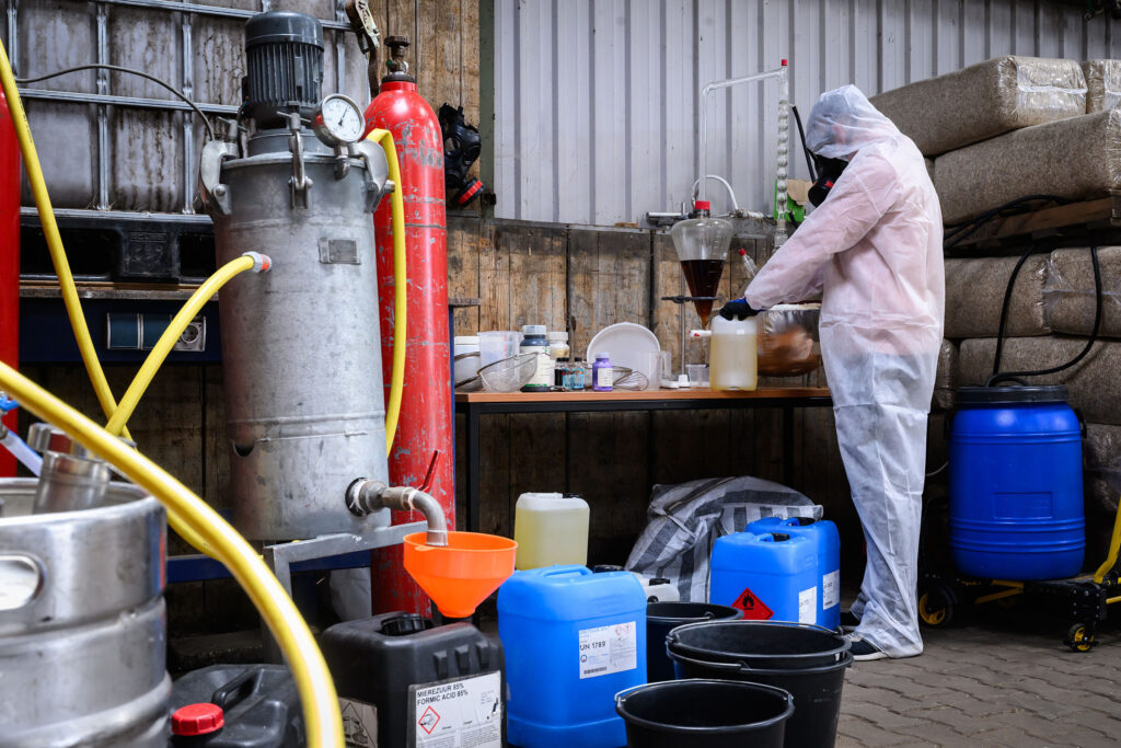 Man in een beschermend pak die drugs aan het maken is in een drugslab